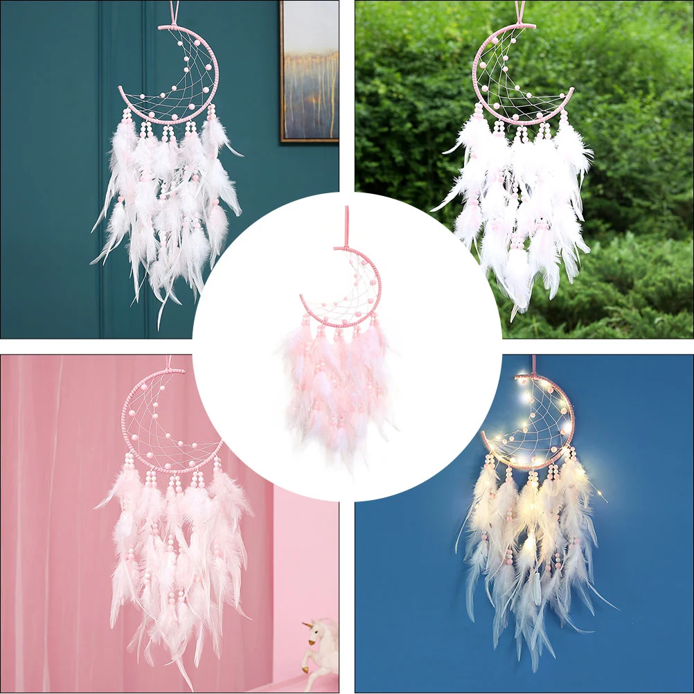 1pc Moon Shape Dreamcatcher Hanging Decoration Light Bead Feather Pendant