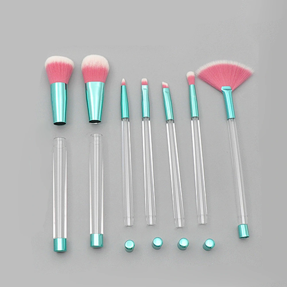 7pcs Transparent Crystal Makeup Brush Set with Empty Handle DIY Cosmetic Sand Brushes Make up Tool(#1 Empty Tube Transparent Handle Green Blue Tube Rosy Bottom White Hair)