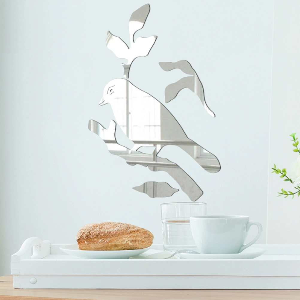 Bird DIY Mirror Wall Sticker Acrylic Crystal Mirror Sticker Wall Decal for Home Living Room Bedroom Bathroom (Silver)