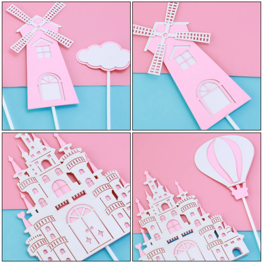 5PCS Birthday Cake Decoration Castle Balloons Cloud Cake Picks (Pink)