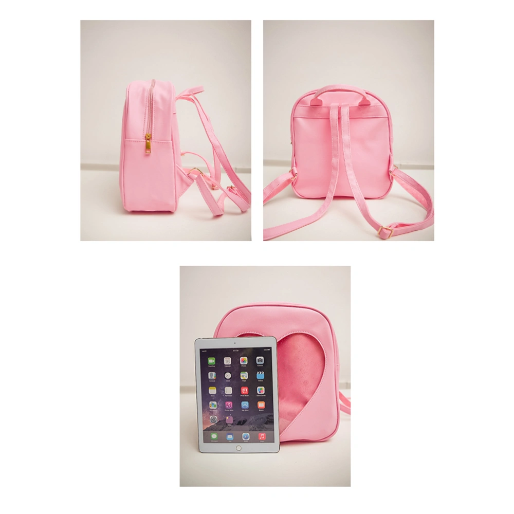 PU Leather Backpack Transparent Heart Shaped Shoulder Bags Girls School Bag (Pink)