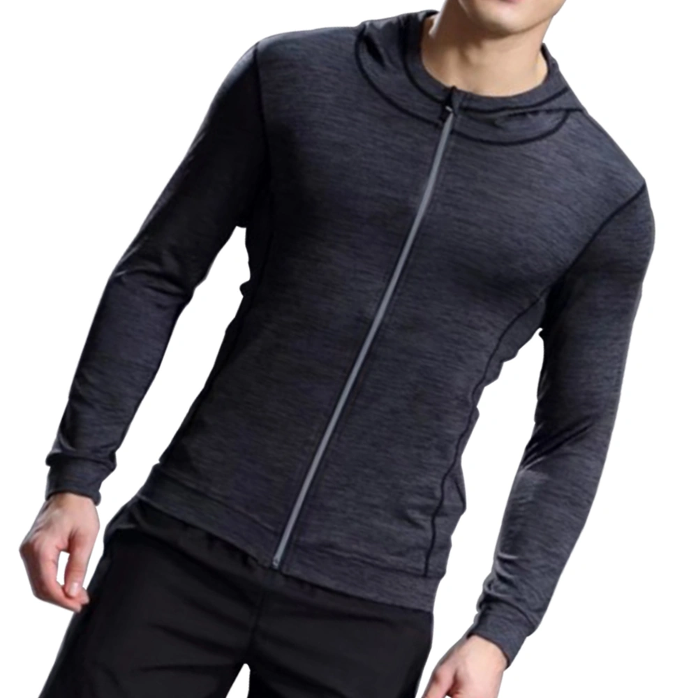 Men Quick-dry Zip-up Sports Tight Bodybuilding Long-Sleeve Hoodie Breathable Slim Fit Workout - Black Melange (M)