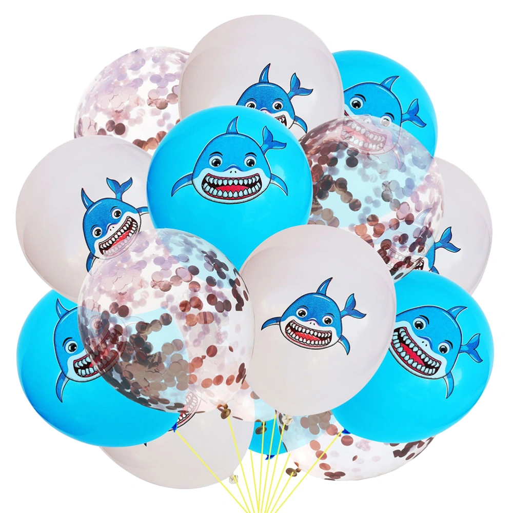 15pcs 10 Inch Shark Printed Balloons + 12 Inch Sequins Balloons without Ribbon Party Supplies (5pcs White + 5pcs Blue + 5pcs Rose Gold Confetti)