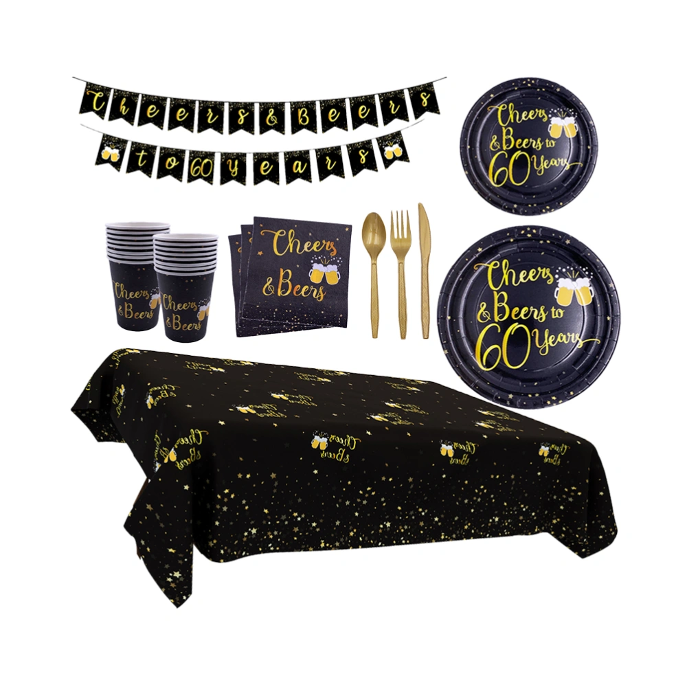 1 Set of 115PCS Paper Plate Paper Cups Kit Birthday Party Paper Plate Paper Cups Set All Year Old Birthday Paper Plate Cups Kit Black Gold Disposable Tableware Set Festival Birthday Paper Plate Cups Set for 16PCS People Use 60 Years Style