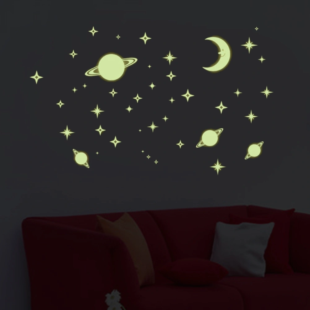 3pcs Beautiful Glowing Wall Decals Fluorescent Star and Moon Wall Stickers for Kids Bedroom Living Room Gift Decoration
