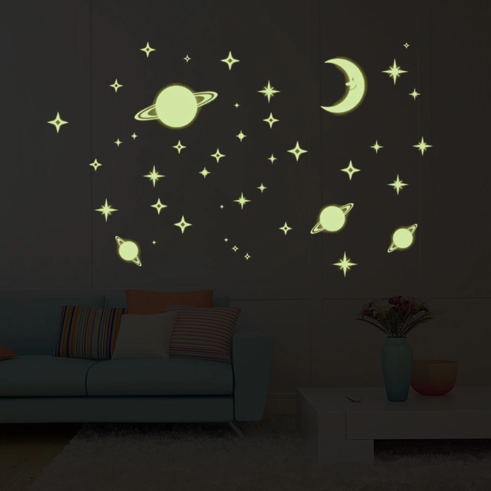 3pcs Beautiful Glowing Wall Decals Fluorescent Star and Moon Wall Stickers for Kids Bedroom Living Room Gift Decoration