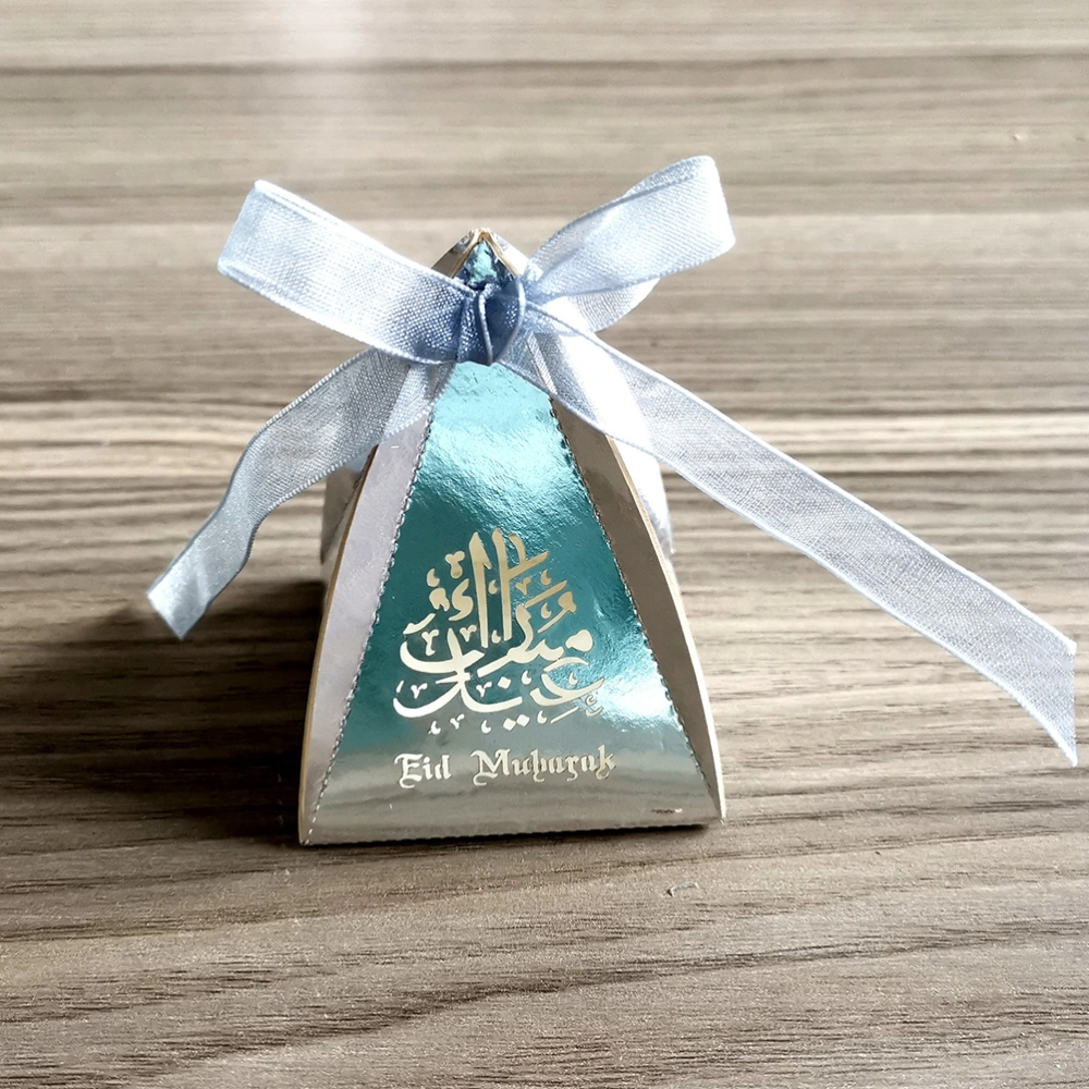 10pcs Silver Creative Eid Mubarak Candy Boxes Pyramid Paper Gift Case Party Supplies Hollow Out Chocolate Boxes