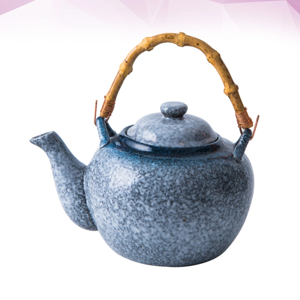 Japanese Style Teapot Exquisite Ceramic Tea kettle Creative Bamboo Handle Portable Tea Pot (Big Teapot Blue)