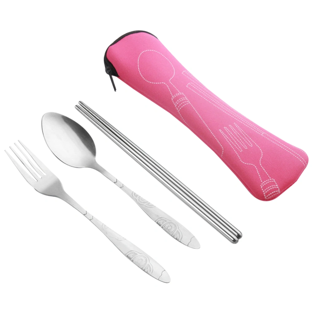 4 Pcs Stainless Steel Tableware Suit Premium Portable Patterned Fork Spoon Chopstick Set Dinnerware Set with Storage Bag (Pink)