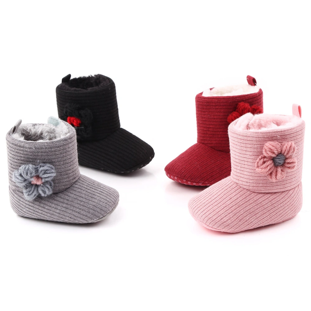 Baby Snow Boots Thicken Plush Winter Warm Snow Boots Knitting Wool Flower Decorative Prewalker Baby Shoe (Grey 11cm Style)