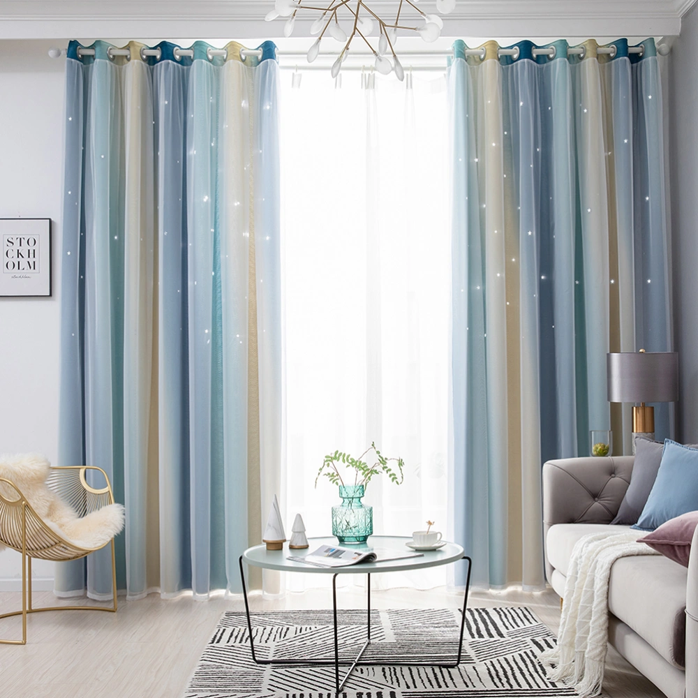 Double Layer Curtain Shining Star Gradual Change Color Shading Heat Insulation Mesh Curtain for Living Room Bedroom (Blue One-Sided Pattern)