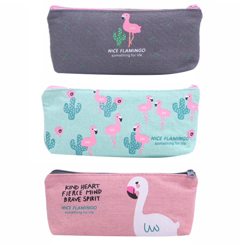 3Pcs Simple Style Canvas Pencil Cases Flamingo Pen Bags Student Stationery Pouch