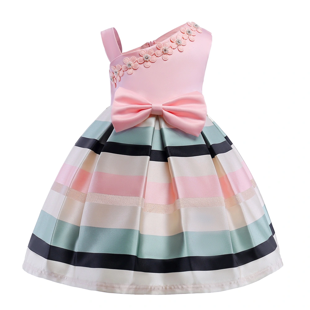 1Pc One-piece Dress Dress One-shoulder Horizontal Stripe Dress Skirt for Child Children(Pink, 150cm)