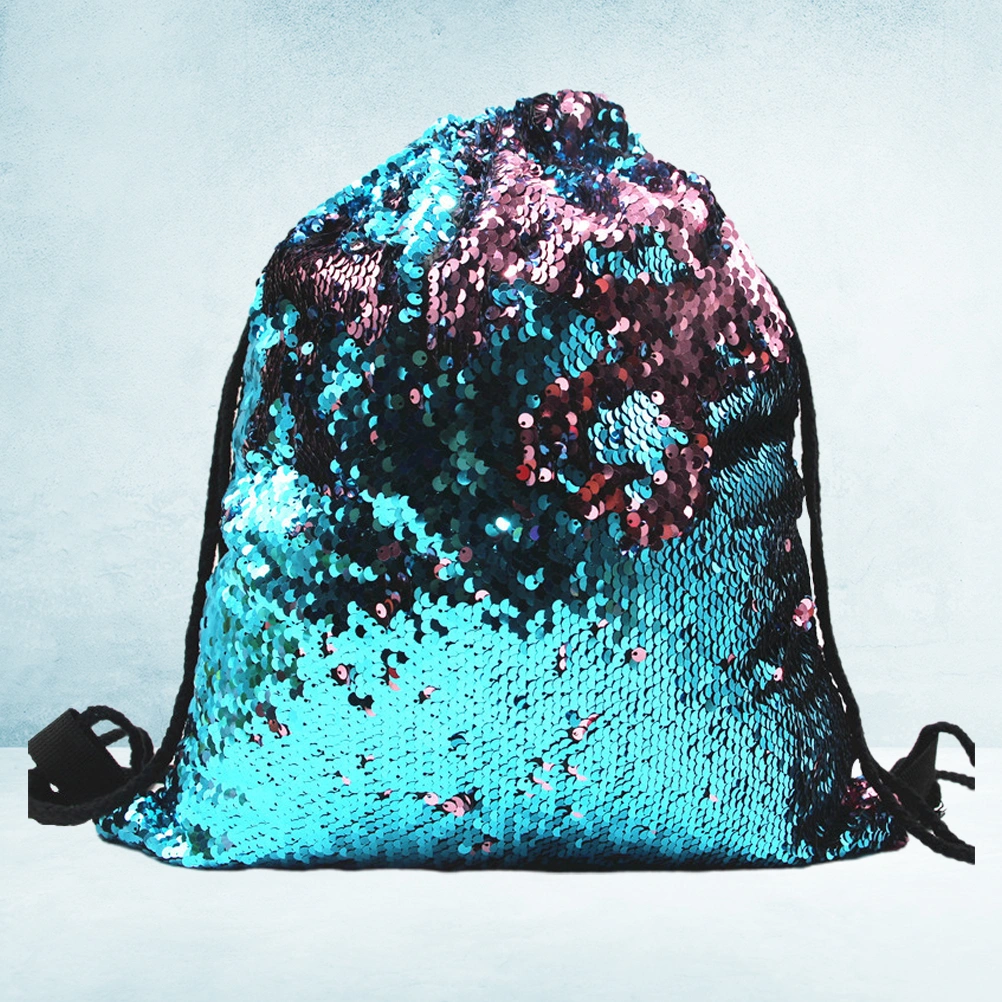 Polyester Drawstring Bag Sequin Pull String Backpack Reversible Storage Sackpack (Blue and Light Pink)