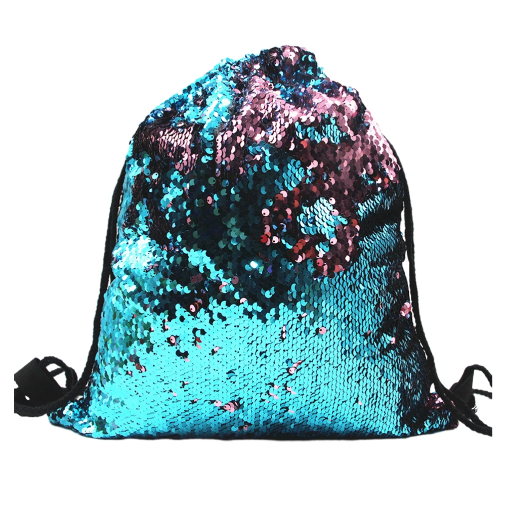 Polyester Drawstring Bag Sequin Pull String Backpack Reversible Storage Sackpack (Blue and Light Pink)