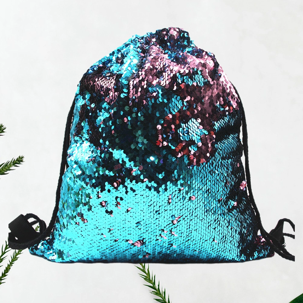 Polyester Drawstring Bag Sequin Pull String Backpack Reversible Storage Sackpack (Blue and Light Pink)