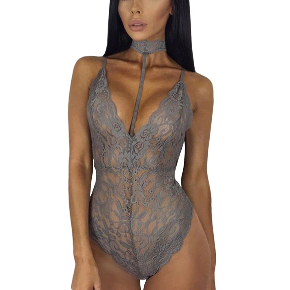 Women's Sexy Lace Siamese Sleepwear Lingerie Underwear Nightwear Bodysuit - Size M (Gray)