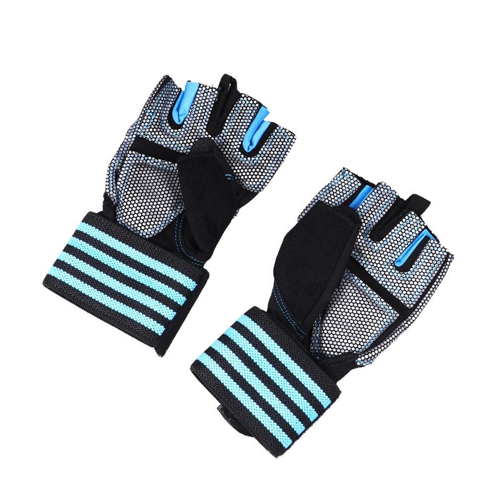 1 Pair of Outdoor Strength Training Half Finger Gloves Wrist Bracers Palm Protective Gloves Sports Equipment Elastic Hands Protection for Weightlifting Pushing (Blue, Size L)