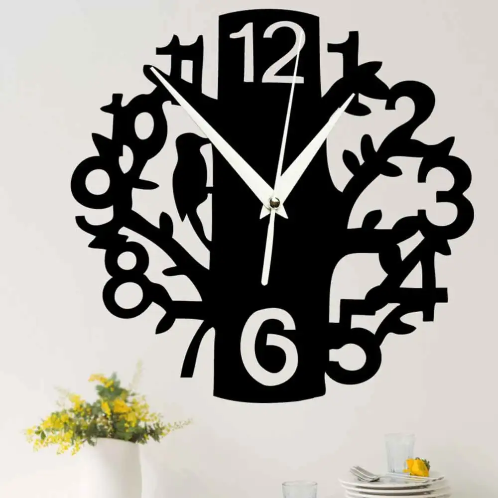 Acrylic Hanging Clock Birds Pattern Digital Clock Decorative Wall Clock without Battery Black