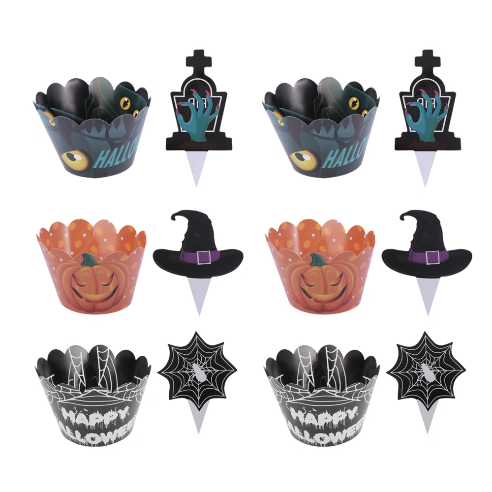 72pcs Halloween Theme Cake Decoration Eyes Pumpkin Spider Web Cupcake Wrappers and Tombstone Witch Hat Toppers Party Supplies