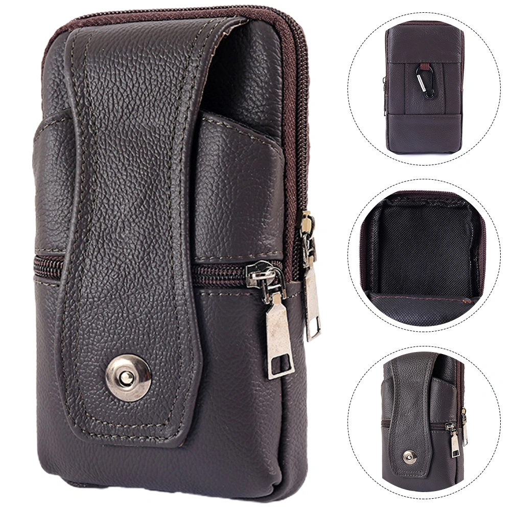 1 Pc Cowhide Belt Bag Waterproof Vertical Style Business Bag with Hook (Coffee)