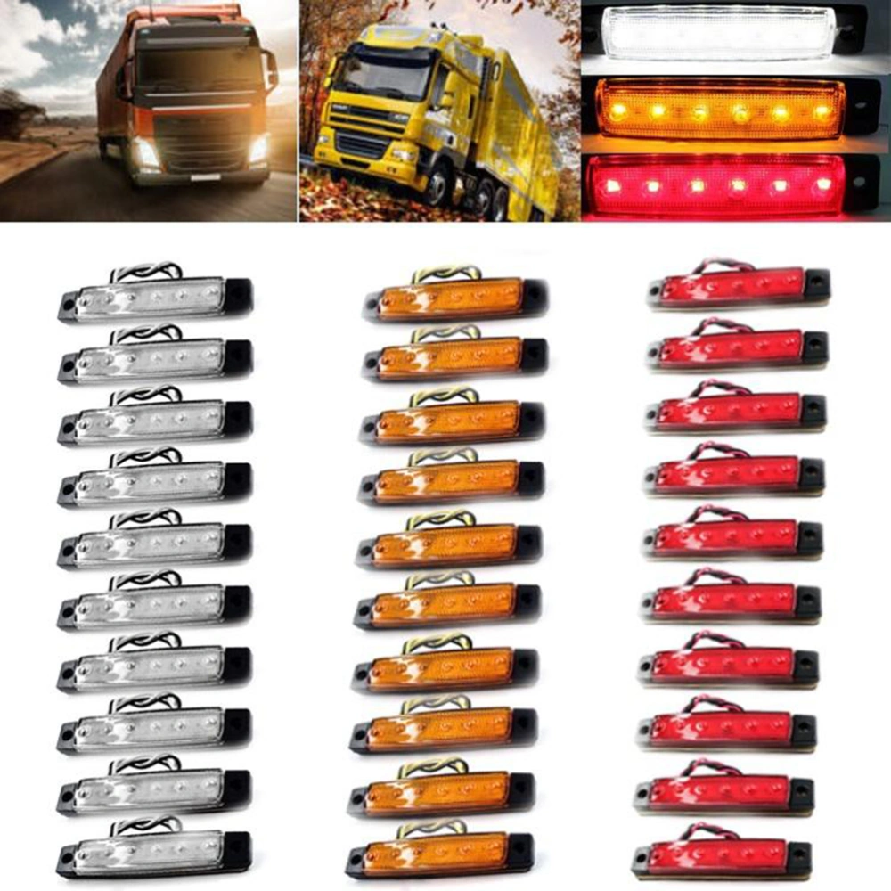 30Pcs 12V 6 LED Side Marker Indicators Lights Lamp for Car Truck Trailer Lorry (Red, Yellow and White)