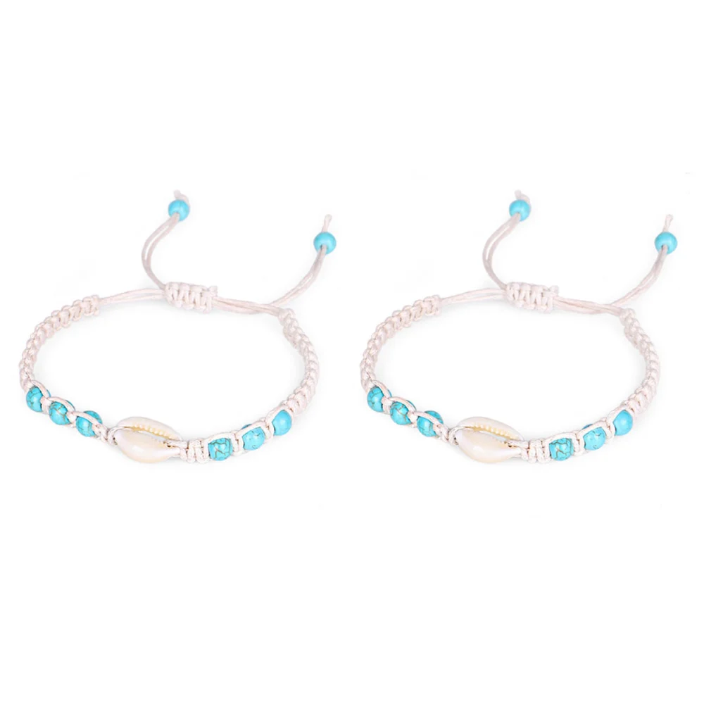 2pcs Handmade Woven Bracelet Girls Fashion Hand Chain Decor Elegant Shell Bracelet Jewelry (White)