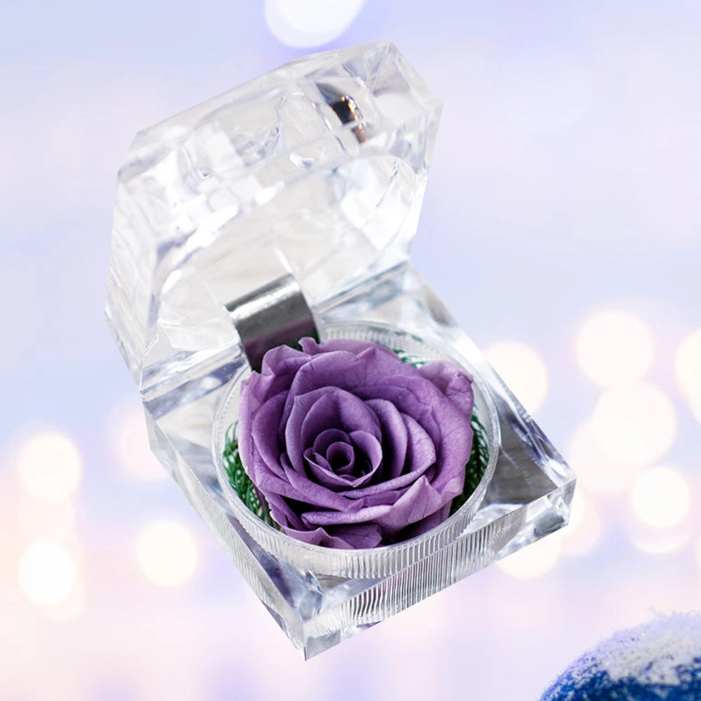 Preserved Eternal Flower with Acrylic Ring Box Unique Gifts Box for Valentines Day Anniversary Birthday (White Box, Purple Preserved Flower)