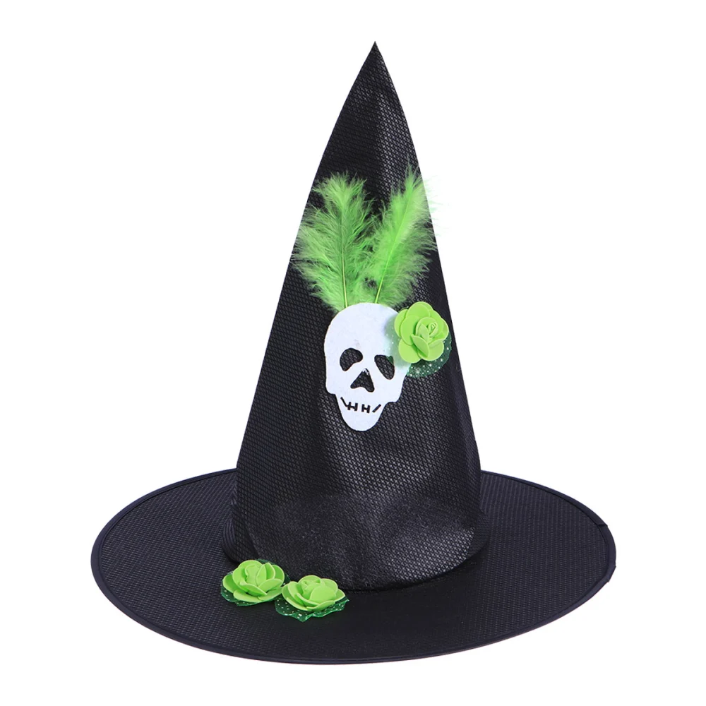 Wizard Hats Feather Skull Pattern Witch Hat Party Hat Halloween Costumes Halloween Party Props Cosplay Costume Accessories for Children Adult (Green)