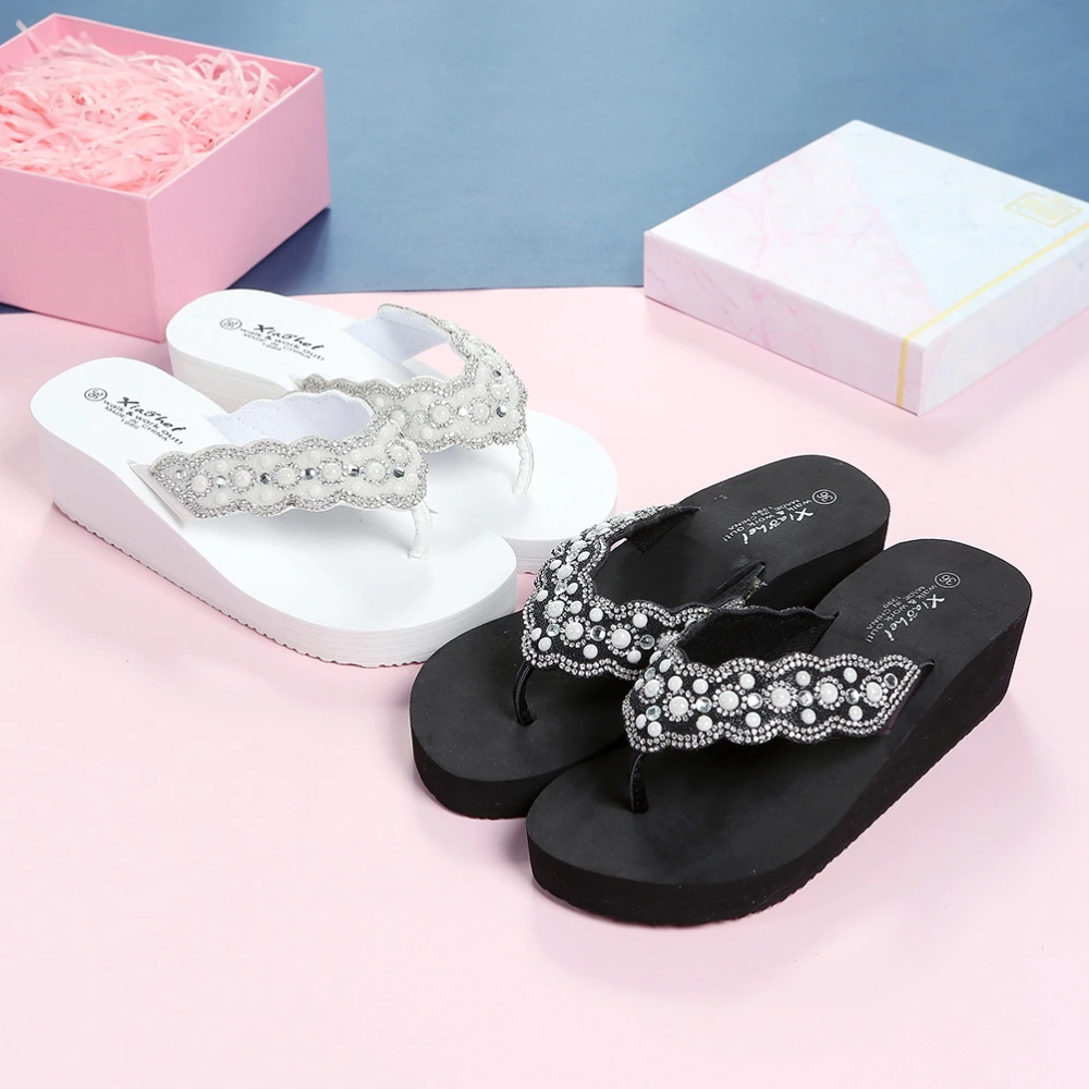 1 Pair Non-slip Beach Shoes Slipsole Shoes Flops Pearl Diamond Shoes for Summer Women Wearing (Black Size 37 23.5CM, 6.5US, 4UK, 37.5EU, 9.2355Inch)