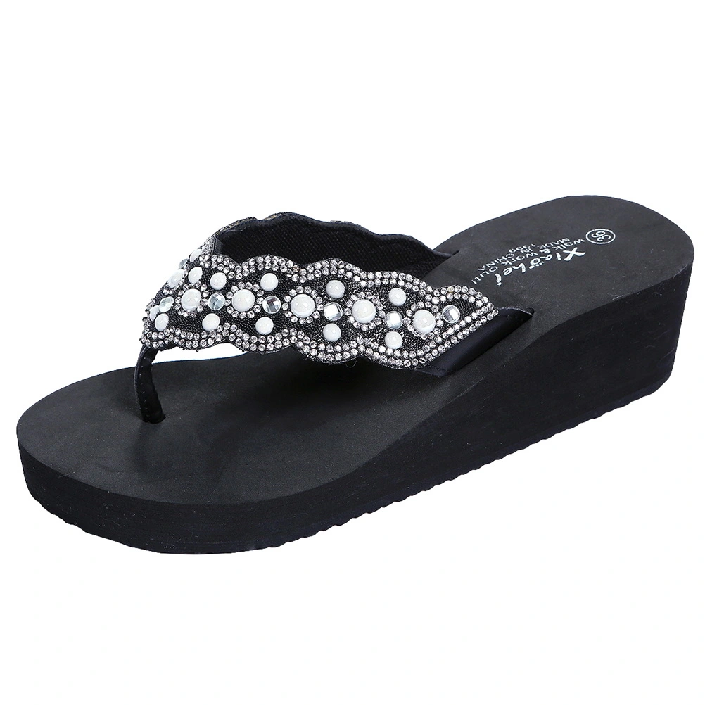 1 Pair Non-slip Beach Shoes Slipsole Shoes Flops Pearl Diamond Shoes for Summer Women Wearing (Black Size 37 23.5CM, 6.5US, 4UK, 37.5EU, 9.2355Inch)