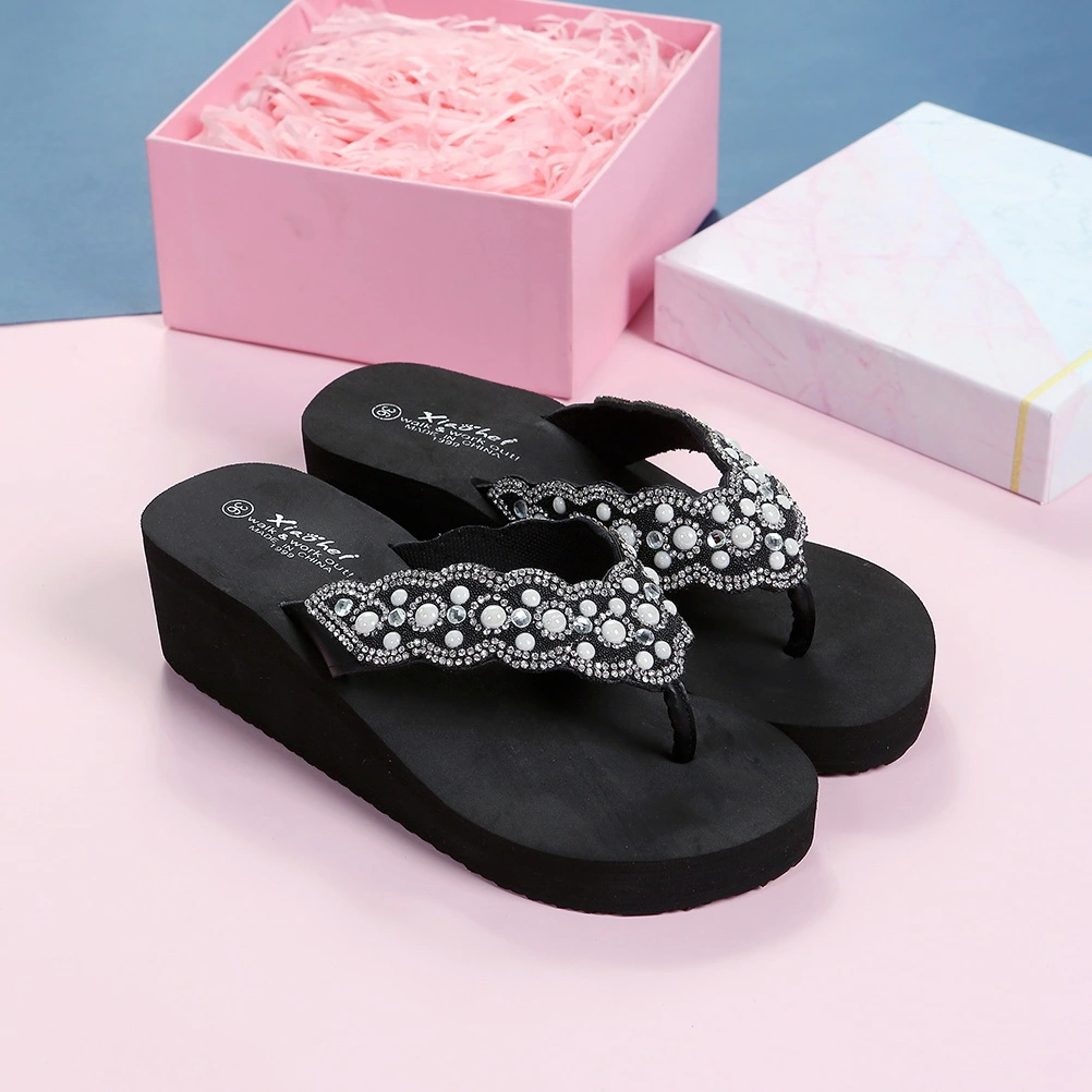 1 Pair Non-slip Beach Shoes Slipsole Shoes Flops Pearl Diamond Shoes for Summer Women Wearing (Black Size 37 23.5CM, 6.5US, 4UK, 37.5EU, 9.2355Inch)