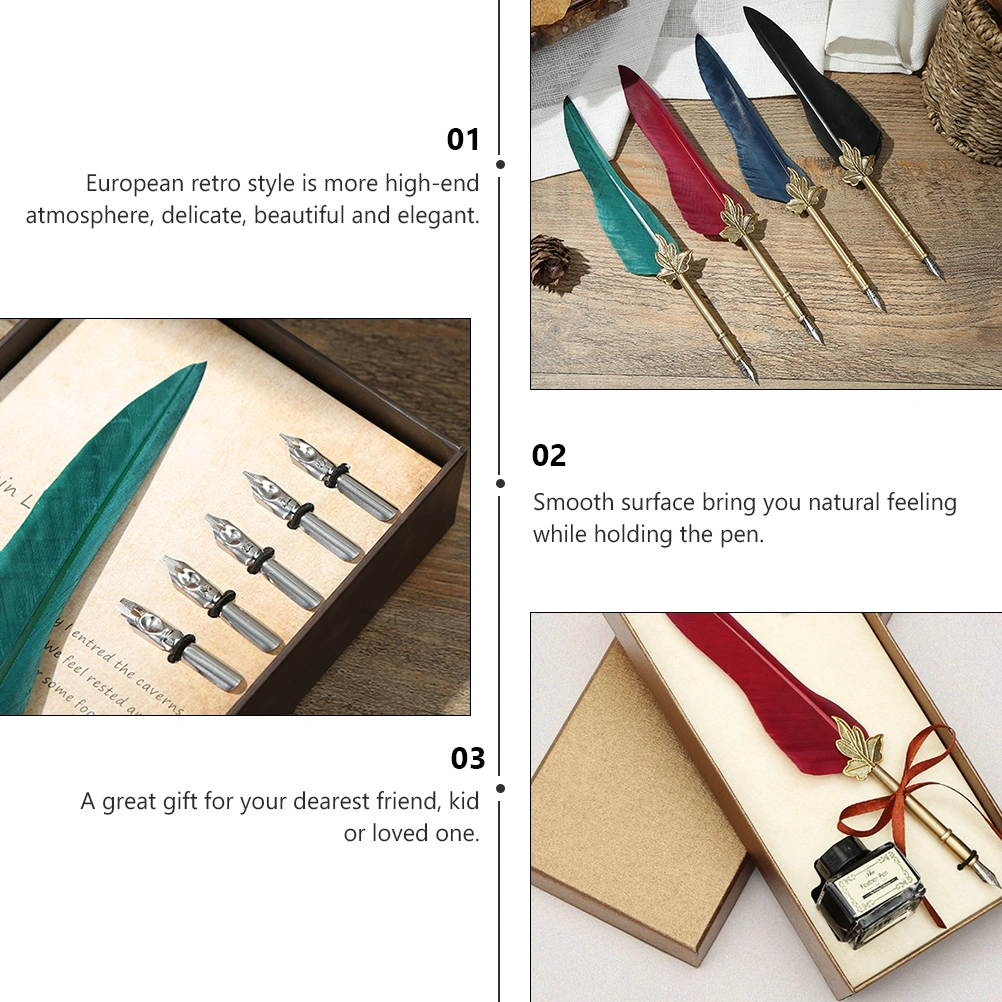 European Style Quill Pen Set Vintage Maple Leaf Feather Pen Writing Accessory