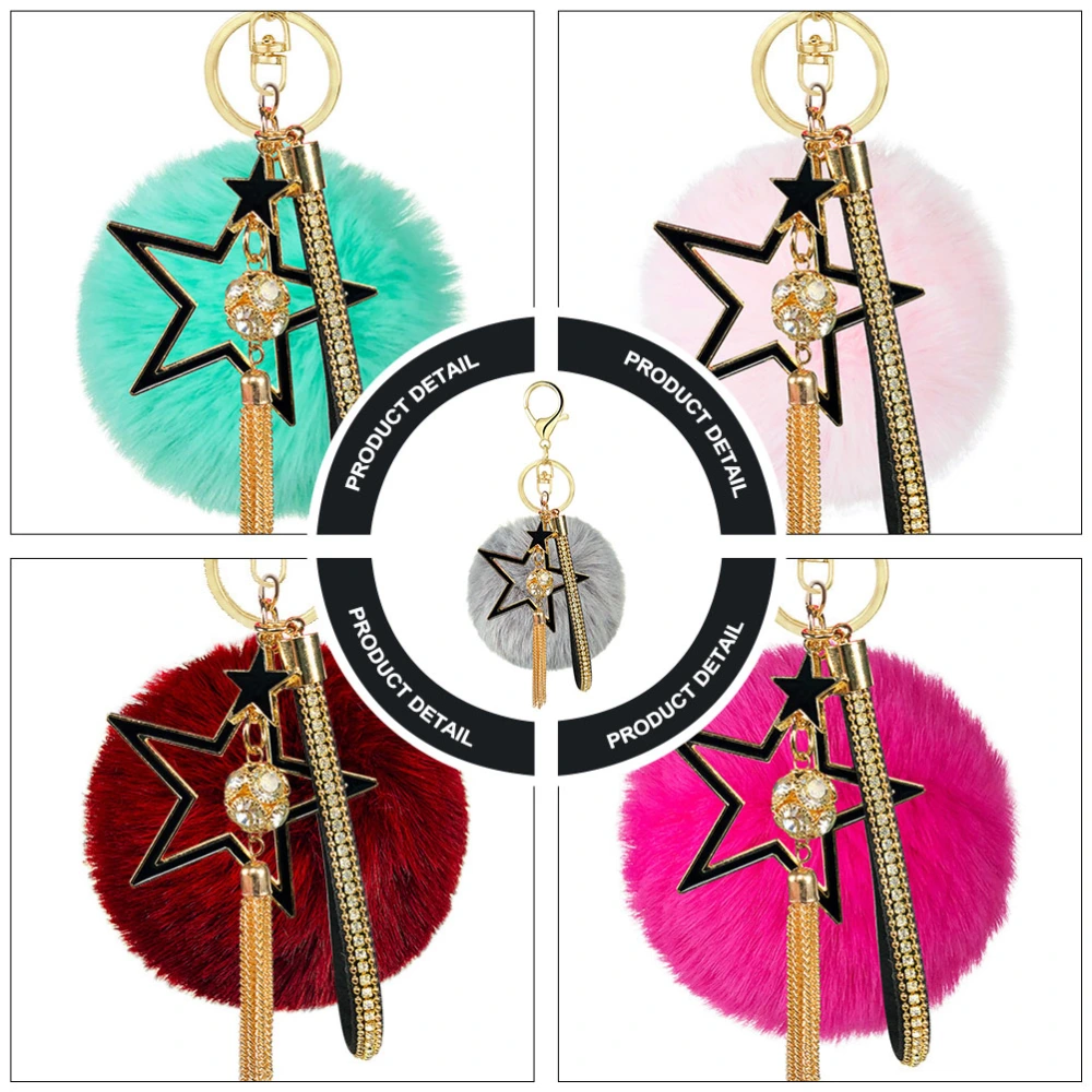 Fur Ball Pom Pom Keychain with Pentagram and Tassel Pendants Keyring for Decor