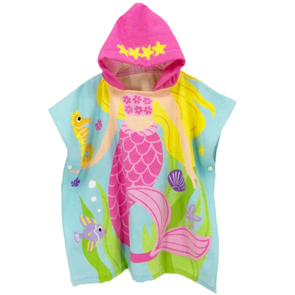 1pc Mermaid Printing Cloak Wearable Beach Clothes Cartoon Bath Robe Hooded Shower Clothes for Kids (60cm)