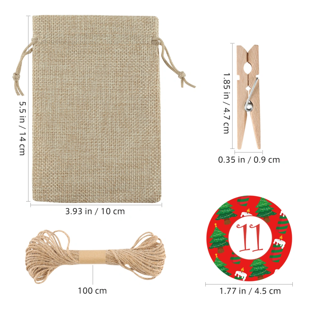 Toyvian 24pcs Christmas Burlap Drawstring Bags with 100cm Hemp Rope 24 Wood Clips and 1 Sheet Numbers Sticker Christmas Gift Bags Small Party Favors Bags for Christmas Party Banquet Festival