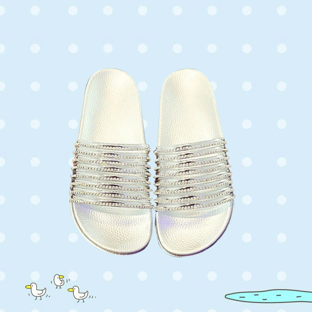 Diamond Stripe Bling Slippers Summer Women Slippers Beach Slides Flops Ladies Sandals Casual Shoes(Silver 36)