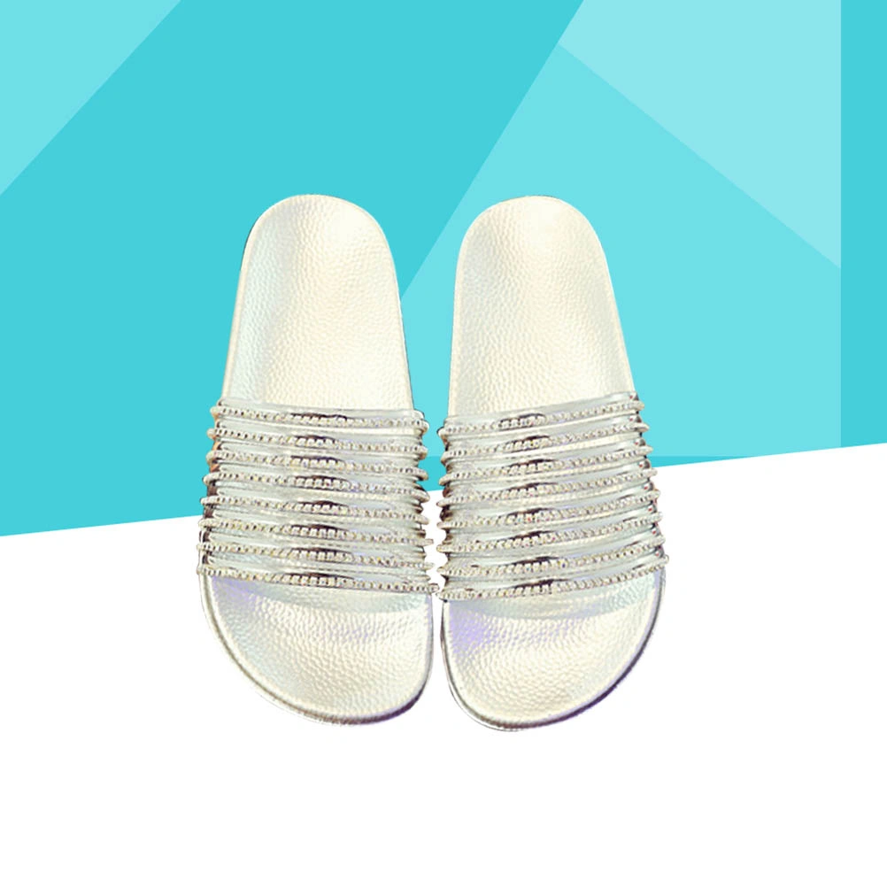 Diamond Stripe Bling Slippers Summer Women Slippers Beach Slides Flops Ladies Sandals Casual Shoes(Silver 36)
