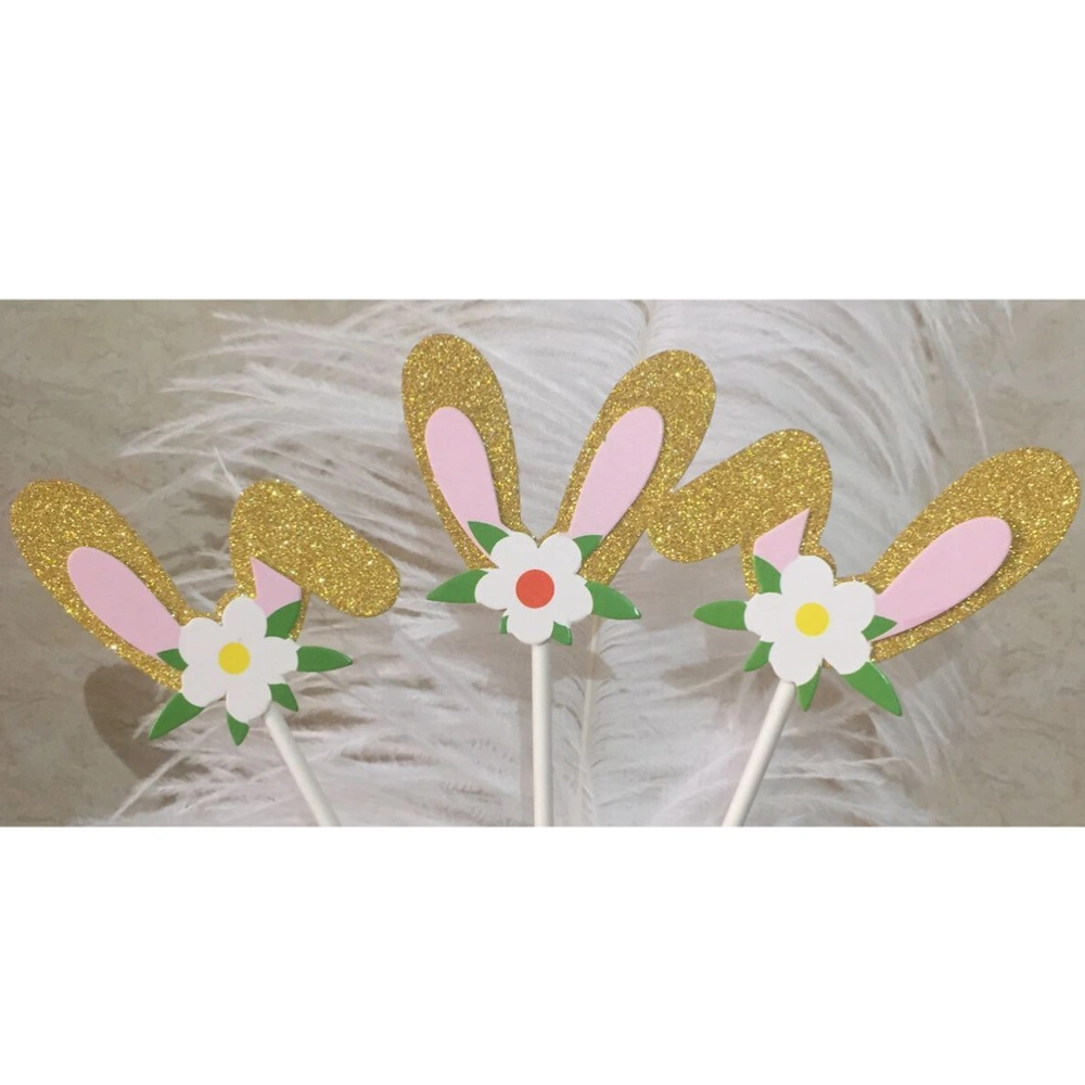 12Pcs Glitter Cake and Cupcake Toothpick Toppers Bunny Ears Cake Decoration for Party Dessert (Golden)