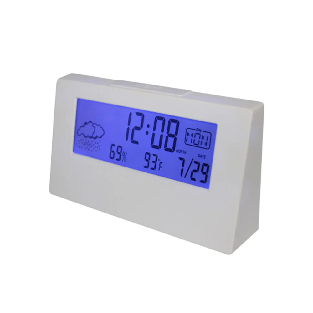 Student LCD Weather Display Desktop Clock Temperature Humidity Snooze Alarm Clock Multi-function Electronic Clock (White)