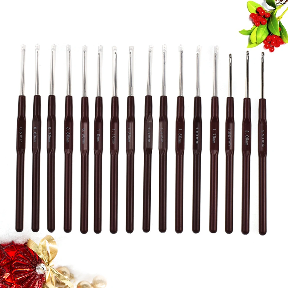 18PCS/Set Plastic Handle Crochet Hook Kit Gold Plating Lace Needle Weaving Supplies (Coffee)