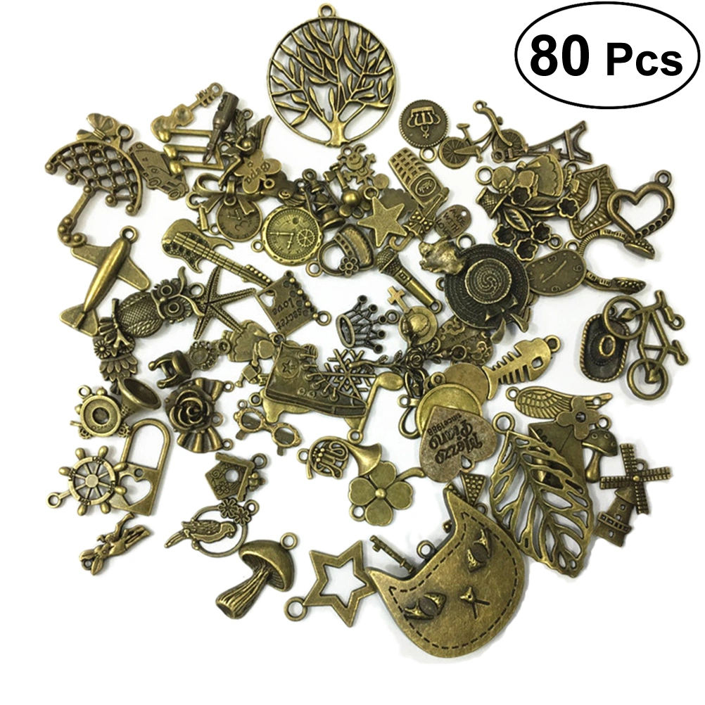 80Pcs DIY Handmade Antique Small Pendants Copper Bracelet Jewelry Pendants (Ancient Bronze, Mixed)