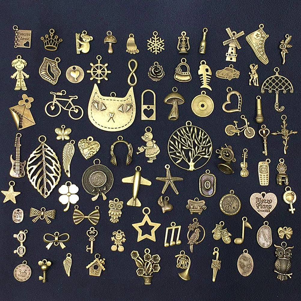 80Pcs DIY Handmade Antique Small Pendants Copper Bracelet Jewelry Pendants (Ancient Bronze, Mixed)