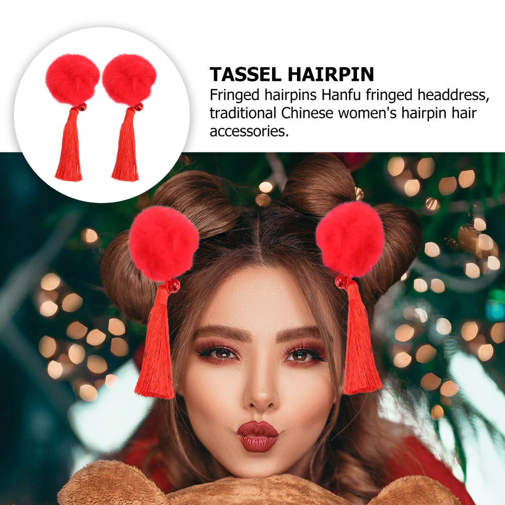 1 Pair Spring Festival Girl Hairpin Tassel Bow Hairclips New Year Hairpin (Red)