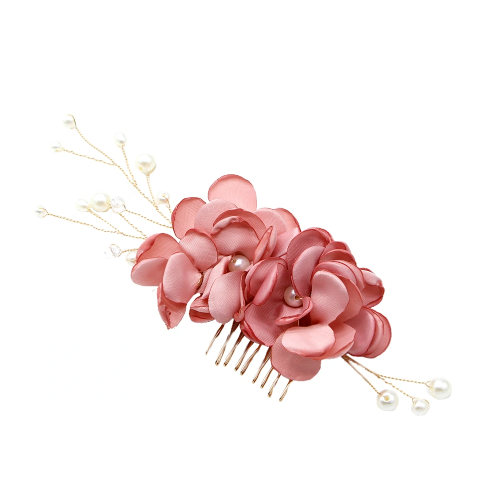 Cloth Flower Bridal Hair Comb with Pearl Wedding Elegant Headdress Comb for Women Party (Pink)