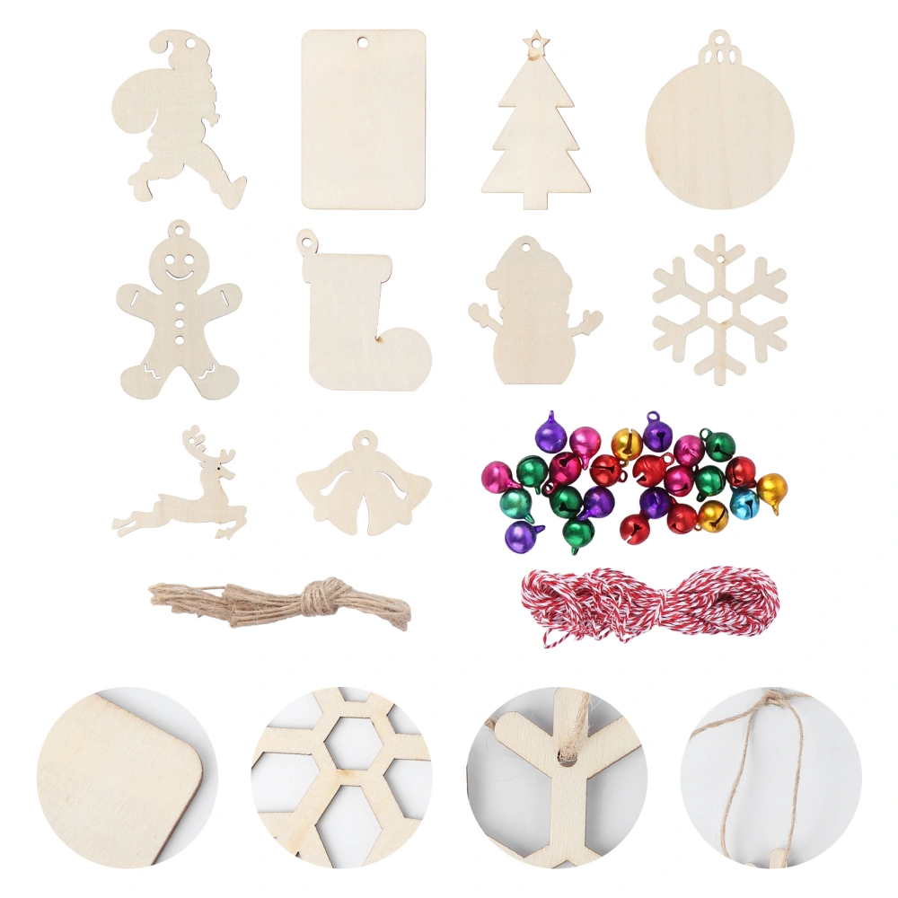 1 Set/127pcs Christmas Unfinished Blank Wooden Cutouts with Hemp Ropes Bells