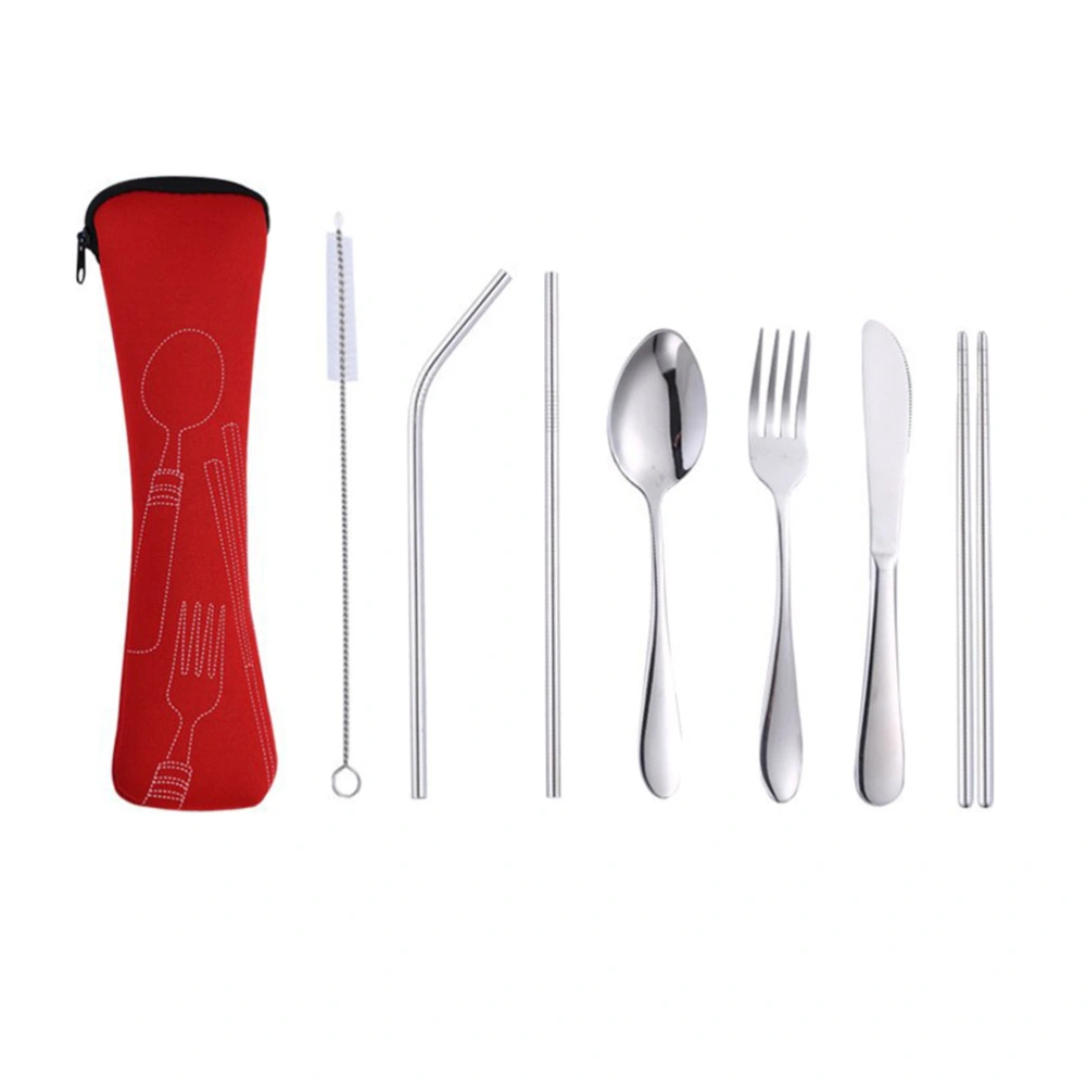 7 pcs Stainless Steel Cutlery Set Portable Cutlery Cutter Fork Spoon Set for Outdoor Carry with Bag (Red)