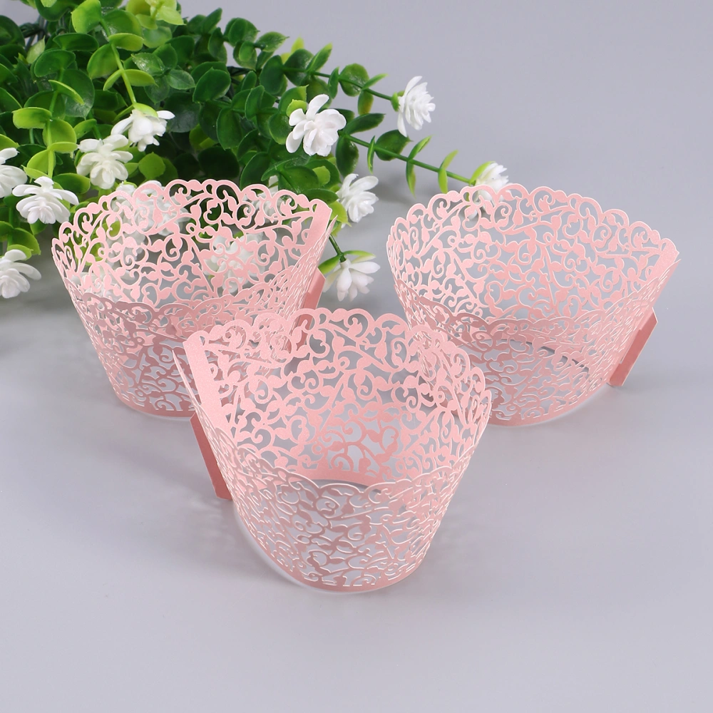 60pcs Baking Cupcake Wrappers Hollow Cake Paper Cups Lace Cut Liner Baking Cup Muffin Case Trays (Pink)