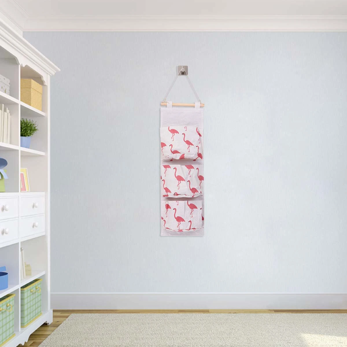 2pcs Canvas Storage Bags Hanging Bags Wall Fabric Hanging Doors Mobile Phone Bags Socks Wardrobes Dormitories Storage Box(White Flamingos and Green Flamingos)