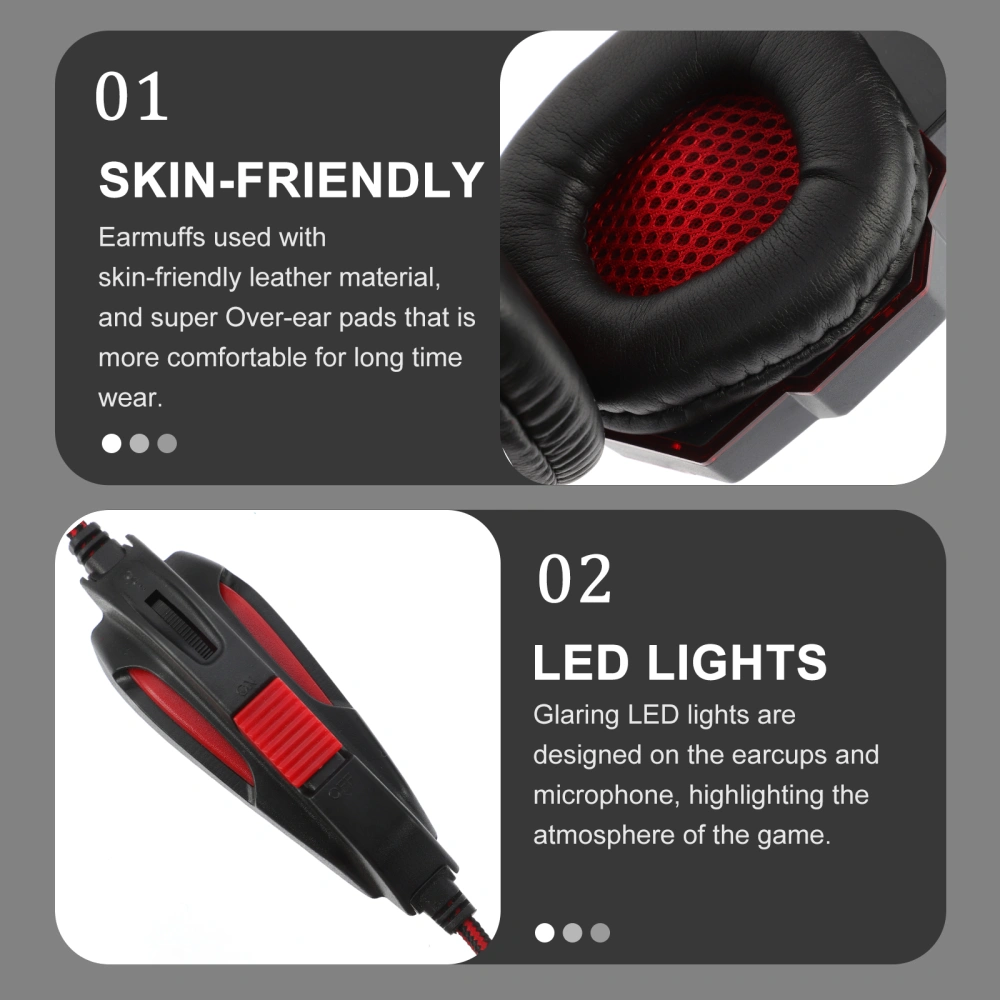 Game Glowing Headsets Big Headphones with Light Mic Stereo Earphones Deep Bass for PC Computer Mobile Phone Gamer (Red)